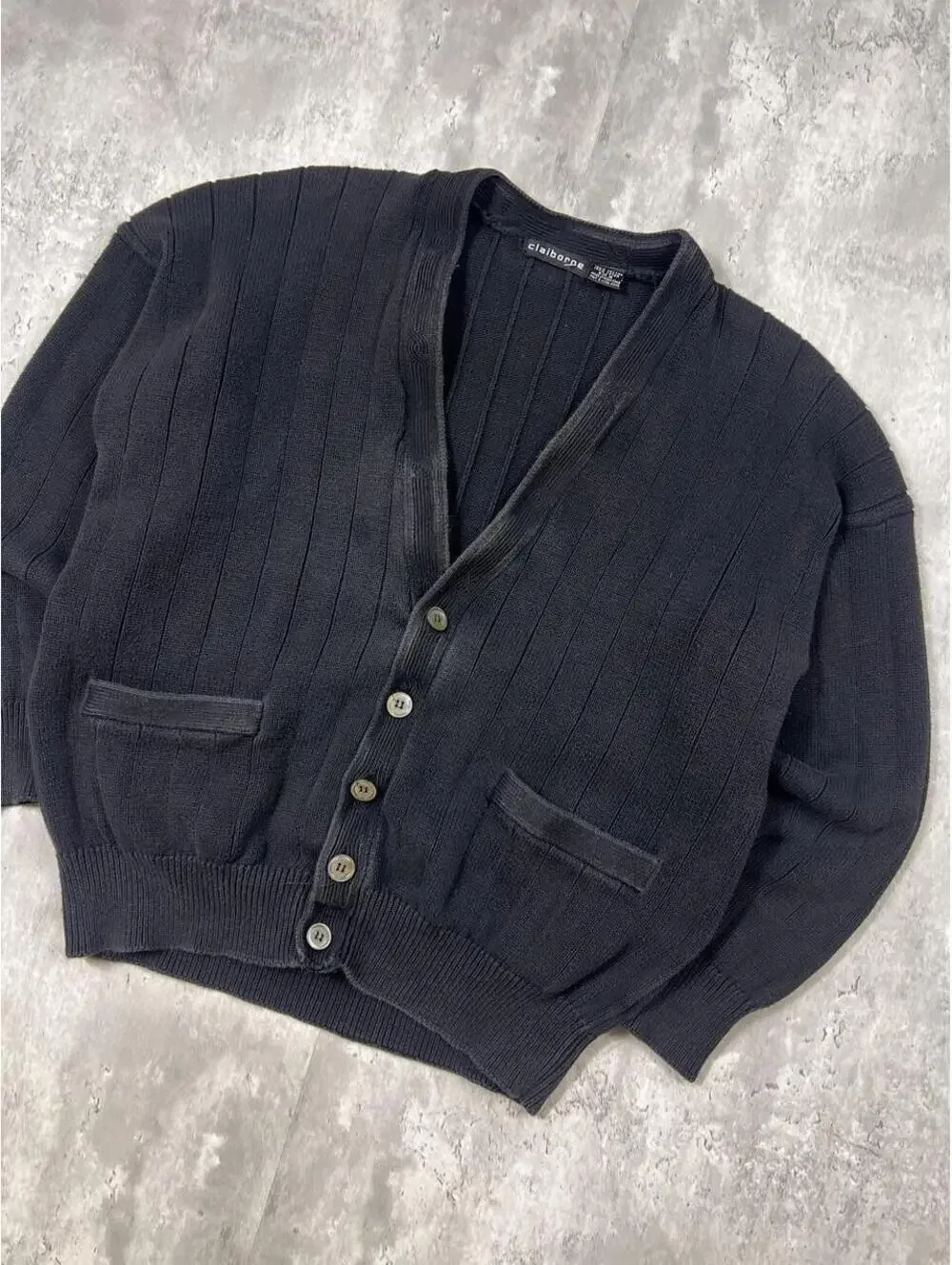 Vintage Claiborne Ribbed Cardigan Sweater Black Cotton Grandpa Knit